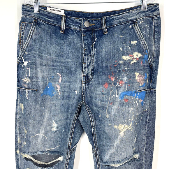 Man X One Teaspoon 32R Blue Suede Mr Browns Paint Splattered Distressed Jeans - Picture 9 of 12